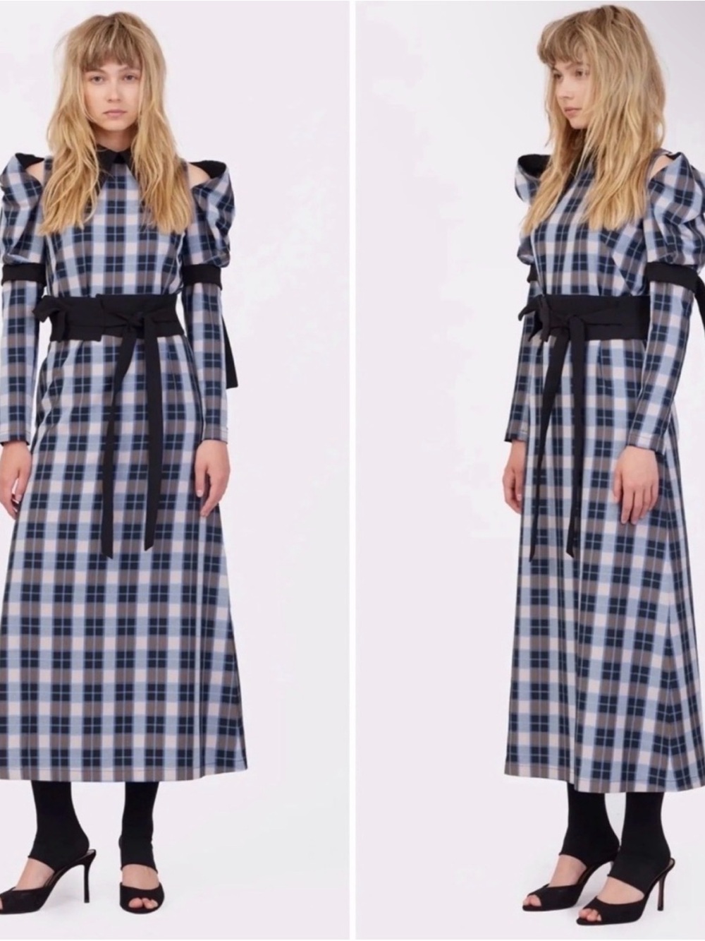 Julia Allert Checked Puff-Sleeve Cold Shoulder Dress with Black Waist Tie- Green